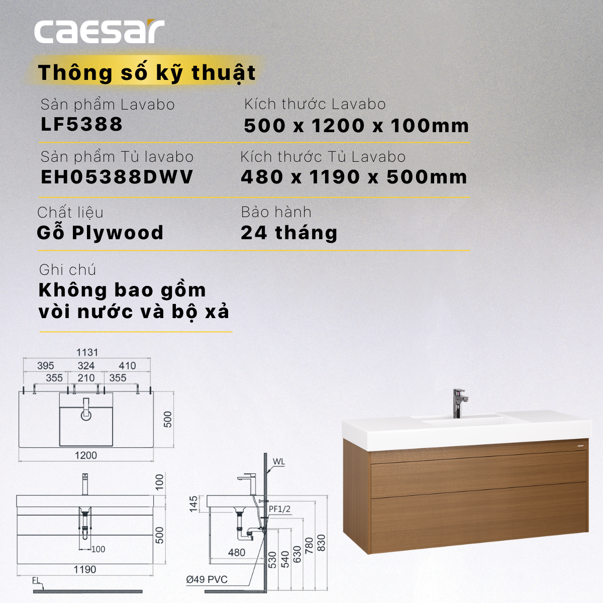 Bộ tủ chậu cabinet Caesar LF5388+EH05388DWV