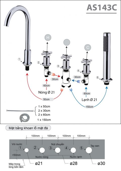 Bộ vòi sen trên bồn tắm nóng lạnh Caesar AS143C