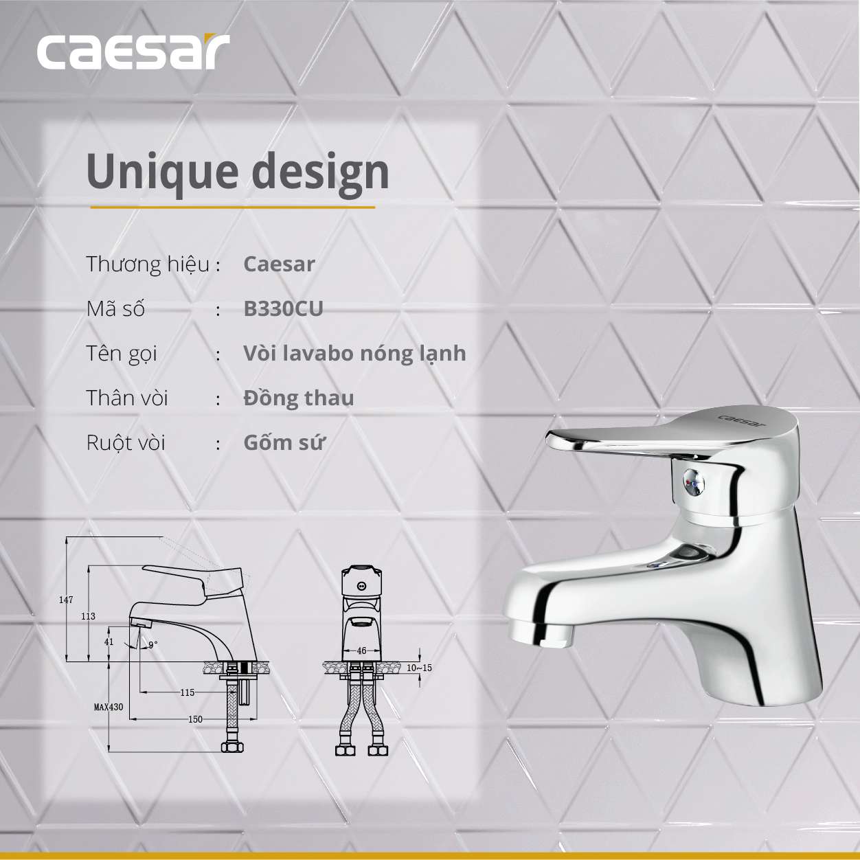 Vòi chậu lavabo nóng lạnh Caesar B330CU
