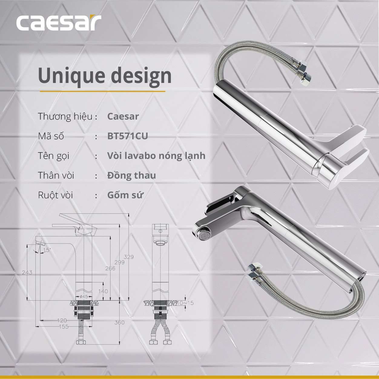 Vòi chậu lavabo nóng lạnh Caesar BT571CU