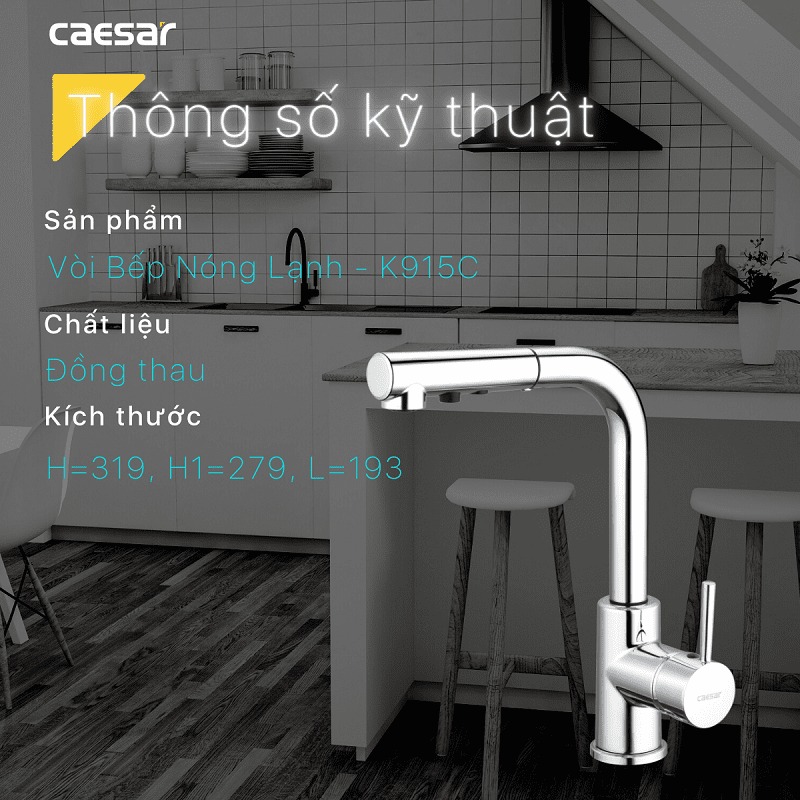 Vòi bếp dây rút nóng lạnh Caesar K915C