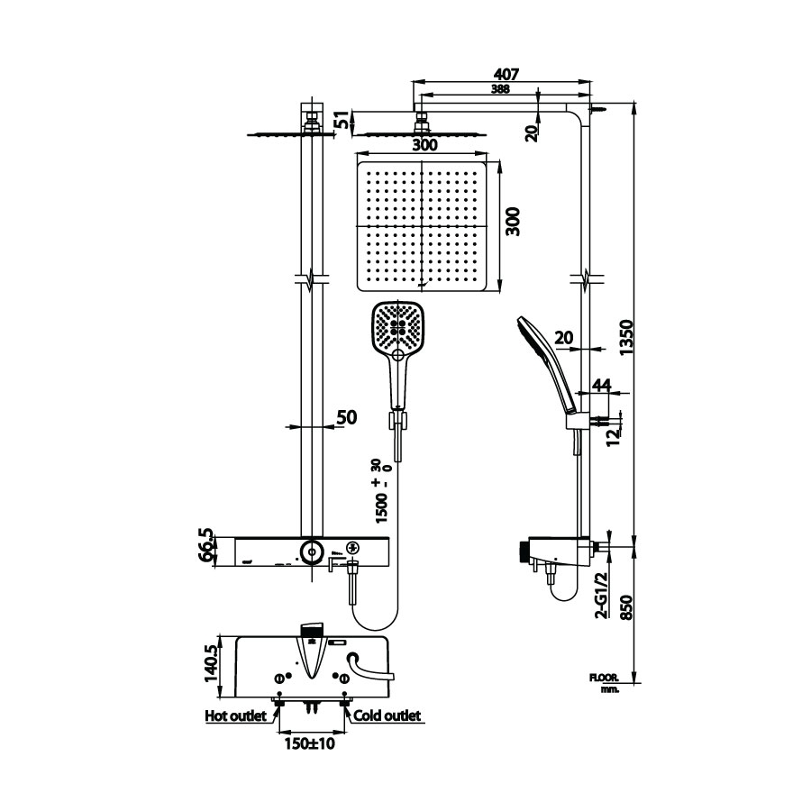 Bộ sen cây COTTO CT2307W nhiệt độ bát vuông có điều khiển bật tắt bằng nút nhấn