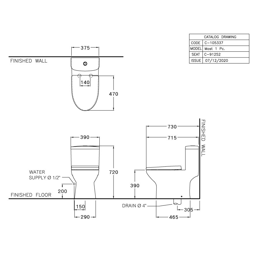 Bản vẽ kỹ thuật bồn cầu 1 khối COTTO nắp êm C105337