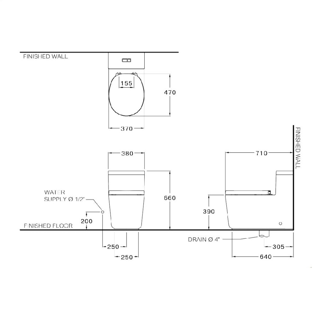 Bản vẽ kỹ thuật bồn cầu 1 khối COTTO Quil nút nhấn đen CPW10007MWH#BN2