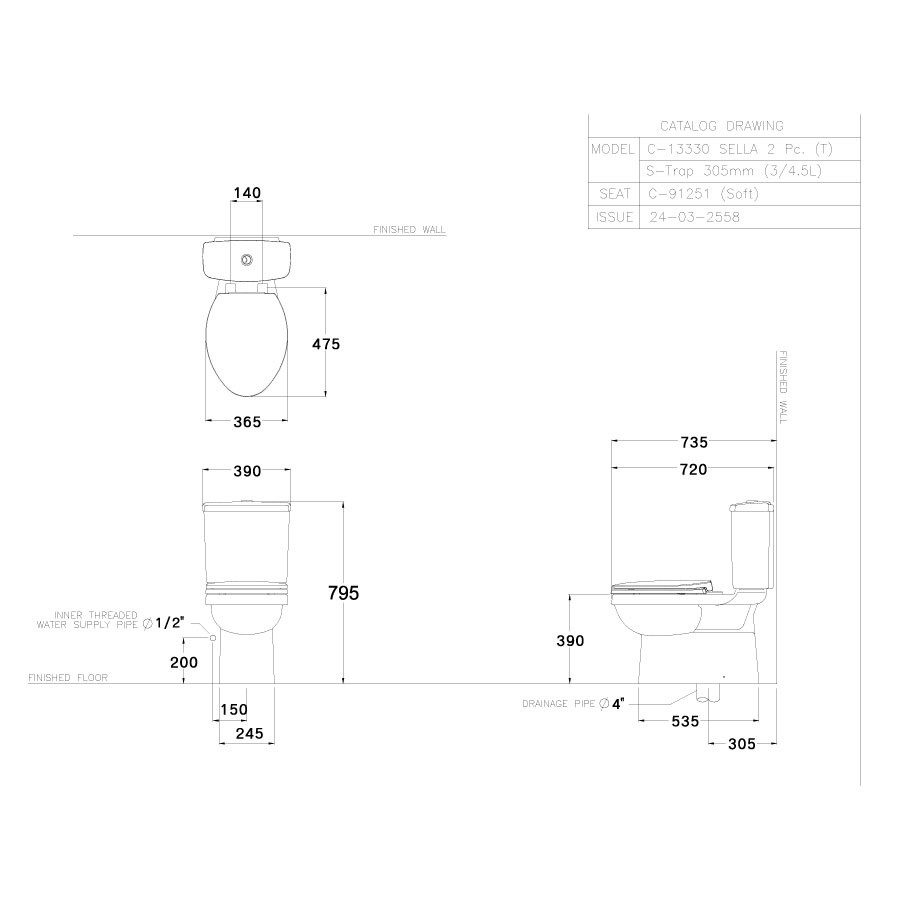 Bồn cầu 2 khối COTTO C13330 nắp êm dòng Sella