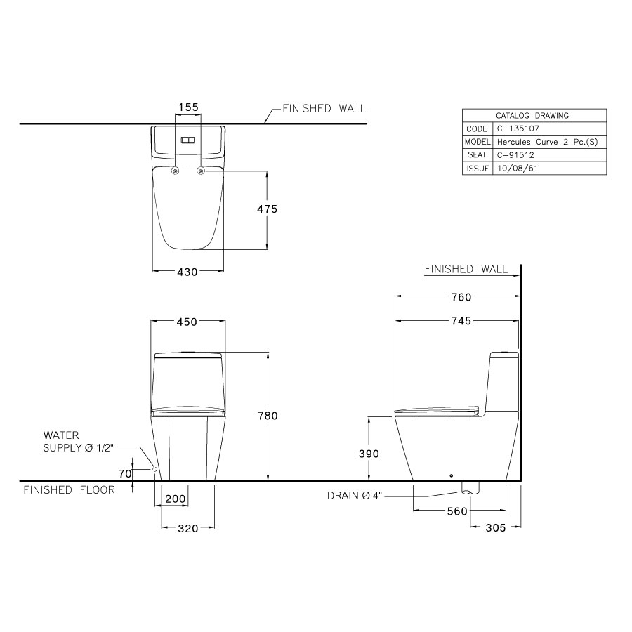 Bồn cầu 2 khối COTTO C135107 nắp êm dòng Hercules Curve