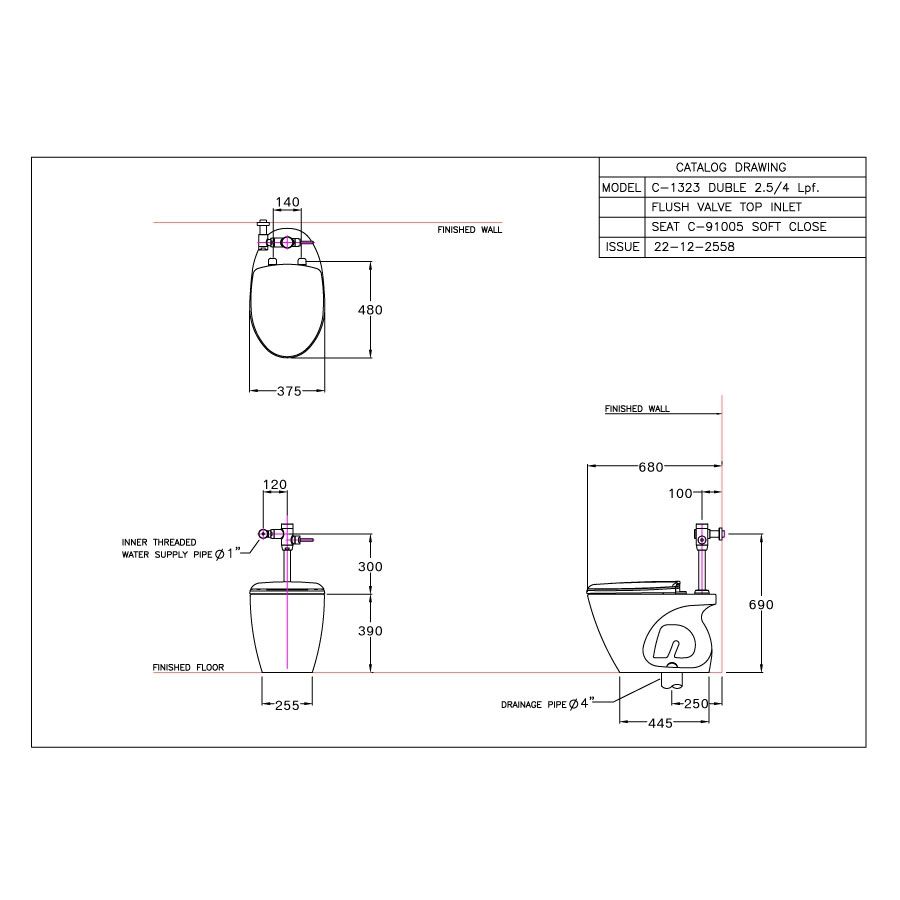 Bản vẽ kỹ thuật bồn cầu đặt sàn COTTO C1323 van xả trực tiếp Duble nắp đóng êm