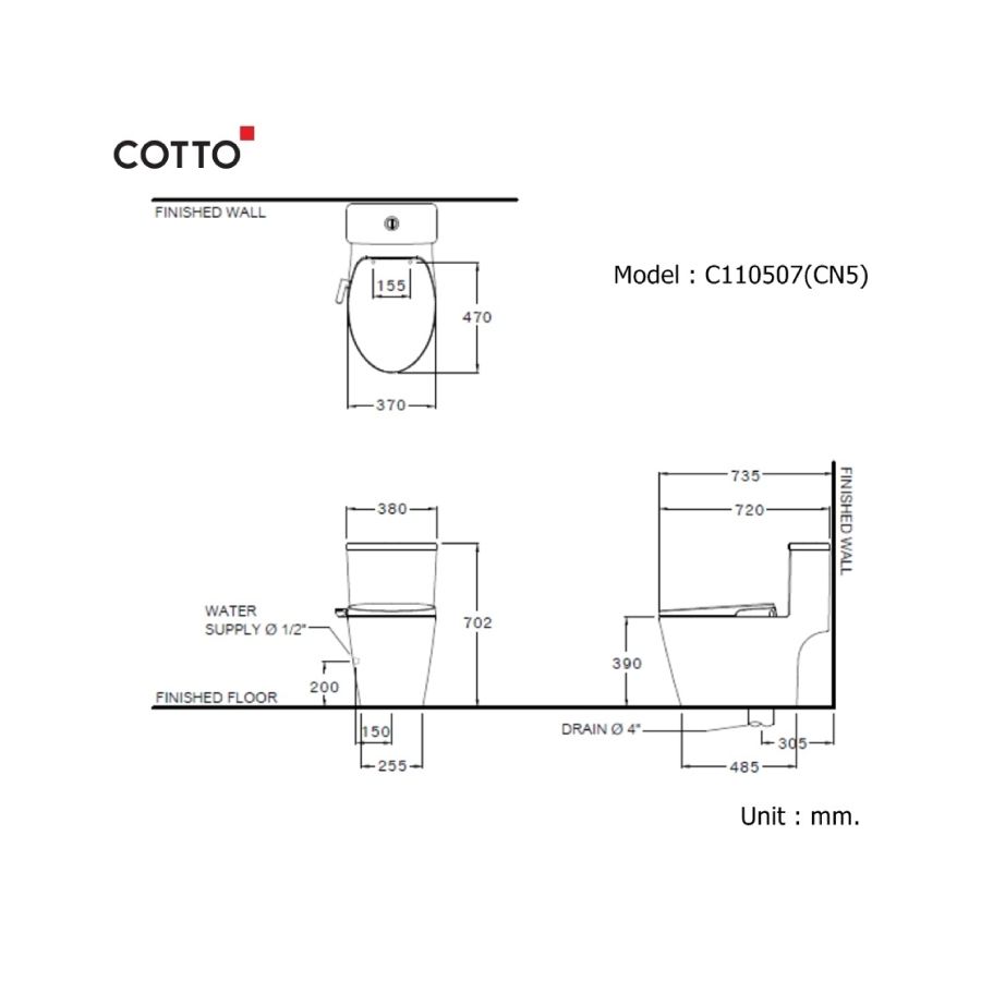 Bồn cầu 1 khối COTTO C110507(CN5) nắp rửa cơ CVN92205 Harmony