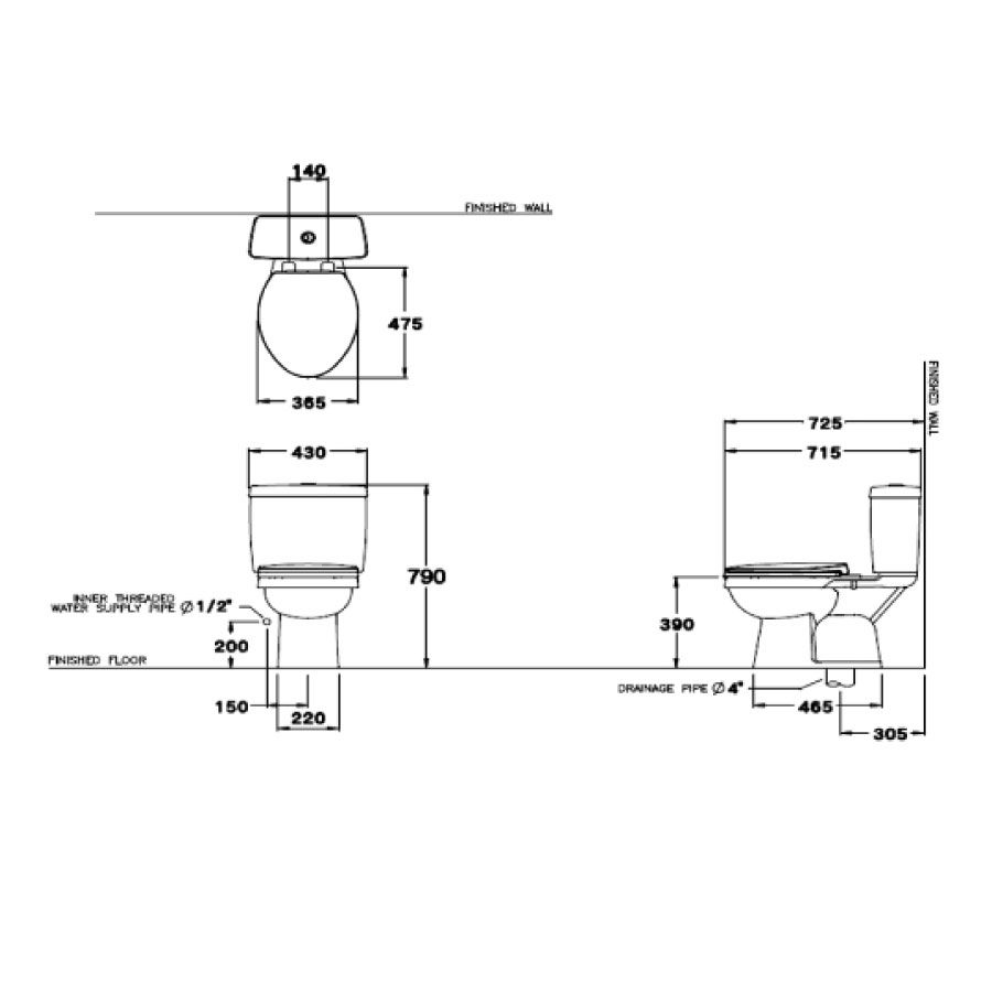 Bản vẽ kỹ thuật bồn cầu 2 khối COTTO C13430(CN1) nắp rửa cơ CVN92201 Ronda