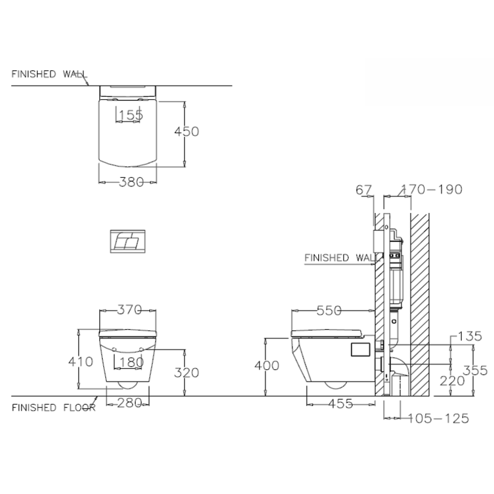 Bản vẽ kỹ thuật của bồn cầu treo tường nắp đóng êm dòng Tetragon COTTO SC198717(F)+C962100+C942100