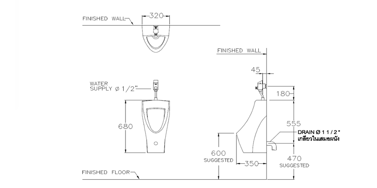 Bản vẽ kỹ thuật bồn tiểu nam treo tường C31217