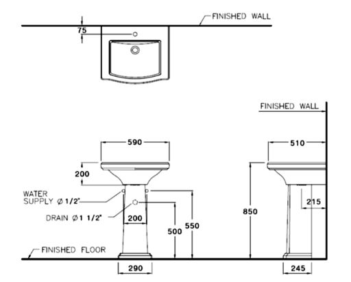 Bản vẽ kỹ thuật chân chậu rửa mặt lavabo COTTO dài C4066