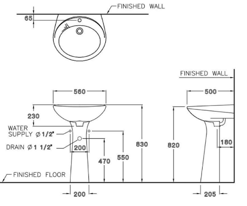 Bản vẽ kỹ thuật chân chậu rửa mặt lavabo COTTO dài C412