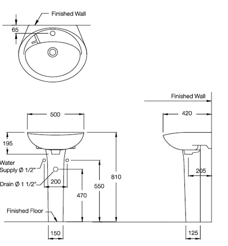 Bản vẽ kỹ thuật của chân chậu rửa mặt lavabo COTTO dài C404