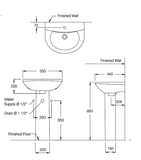 Bản vẽ kỹ thuật của chân chậu rửa mặt lavabo dài COTTO C411