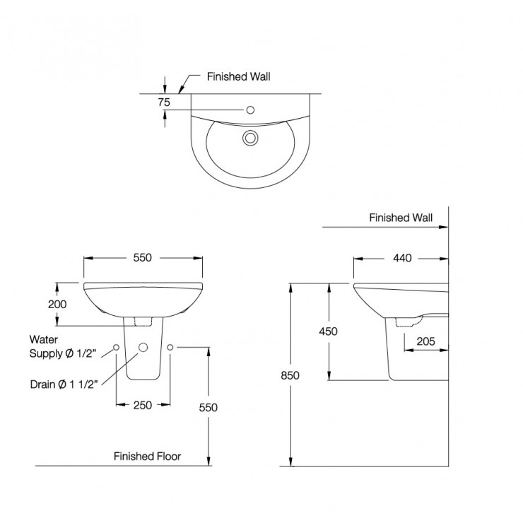 Bản vẽ kỹ thuật của chân chậu rửa mặt lavabo lửng COTTO C4201