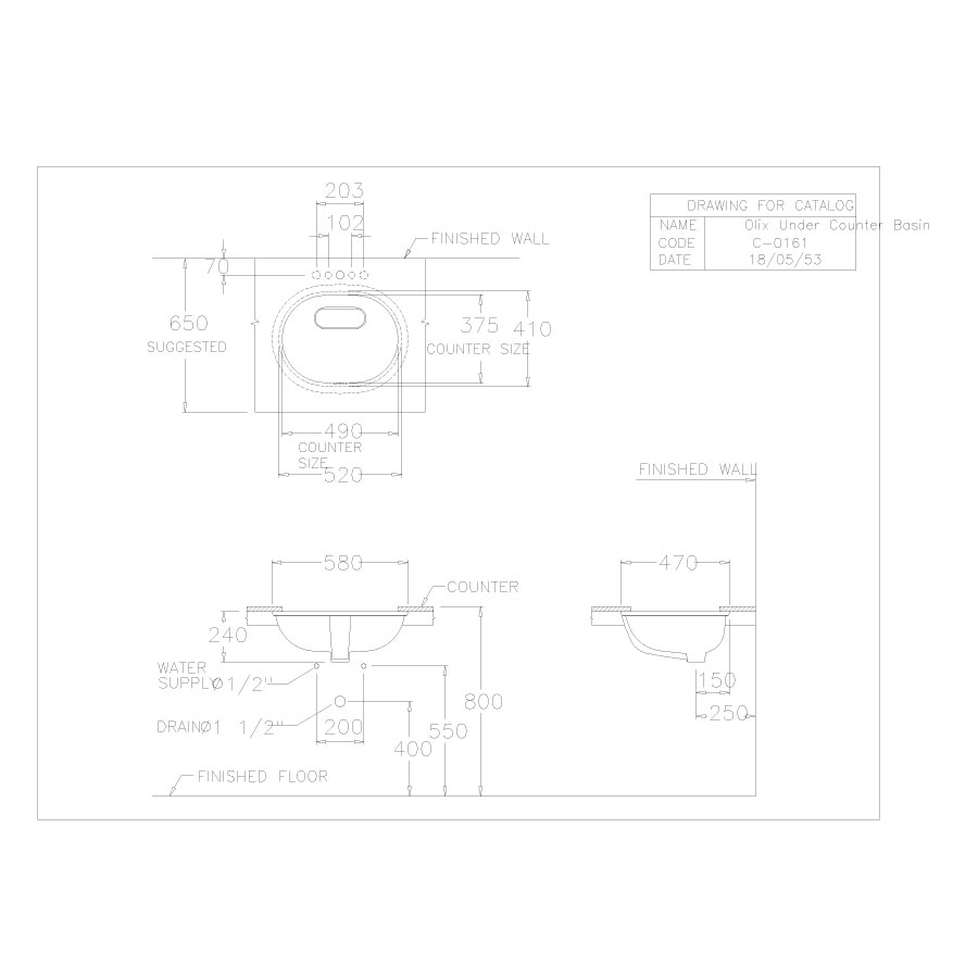 Bản vẽ kỹ thuật chậu rửa lavabo COTTO âm bàn C01617