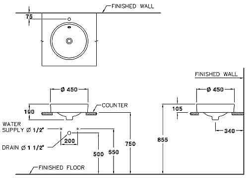 Bản vẽ kỹ thuật chậu rửa mặt lavabo COTTO đặt bàn C00027