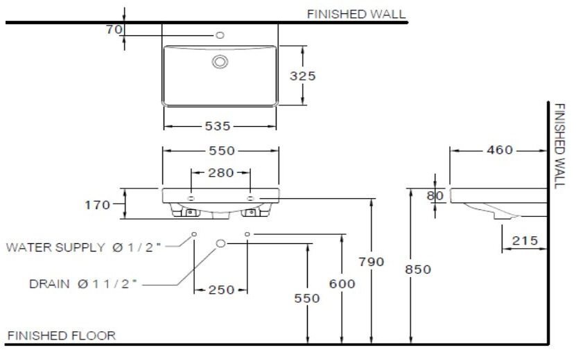 Bản vẽ kỹ thuật chậu rửa mặt lavabo COTTO treo tường C005907