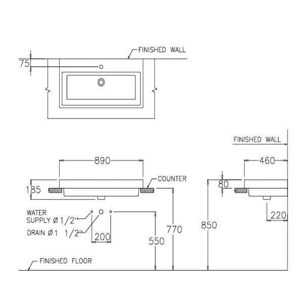Bản vẽ kỹ thuật chậu rửa mặt lavabo COTTO đặt bàn C0900