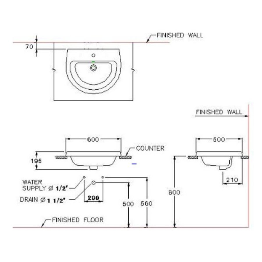 Chậu lavabo dương vành COTTO C05847 Opera