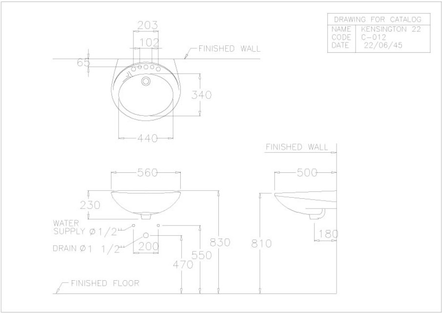 Bản vẽ kỹ thuật chậu rửa lavabo treo tường C012 COTTO