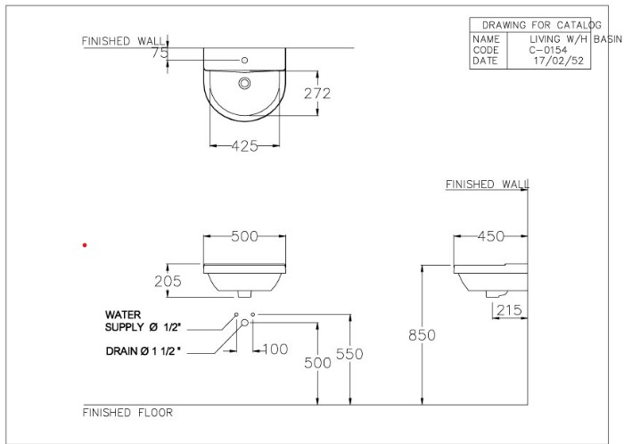 Bản vẽ kỹ thuật chậu rửa lavabo treo tường C01547