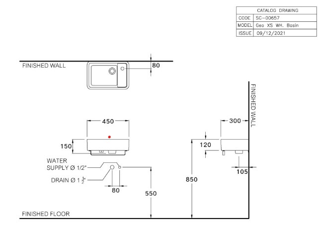 Bản vẽ kỹ thuật chậu rửa lavabo treo tường SC00657 COTTO