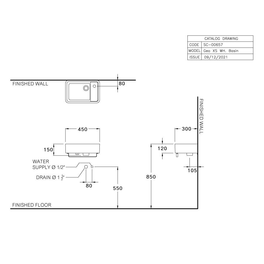 Bản vẽ kỹ thuật chậu rửa lavabo COTTO C00657 treo tường Geo