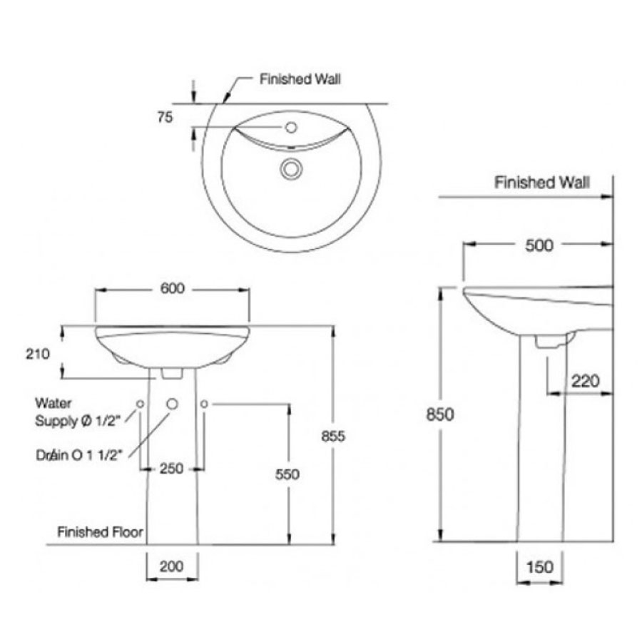 Chậu lavabo treo tường COTTO C0107/C411 chân đài Alice