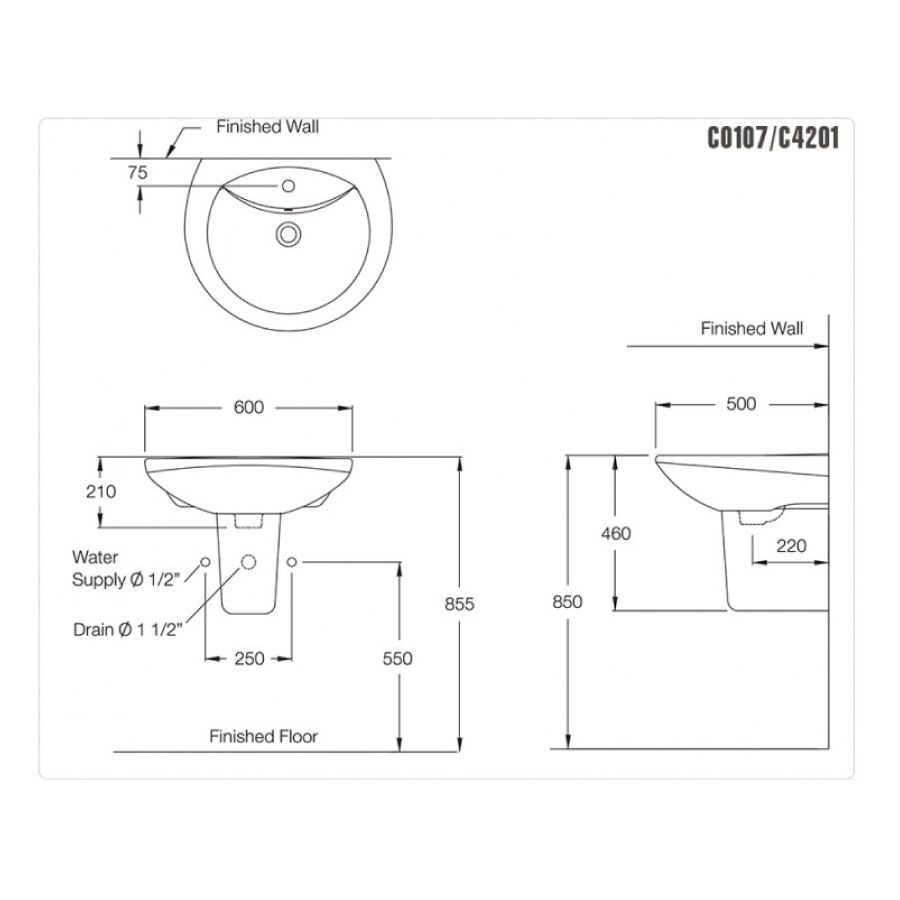 Chậu lavabo treo tường COTTO C0107/C420 chân lửng Alice