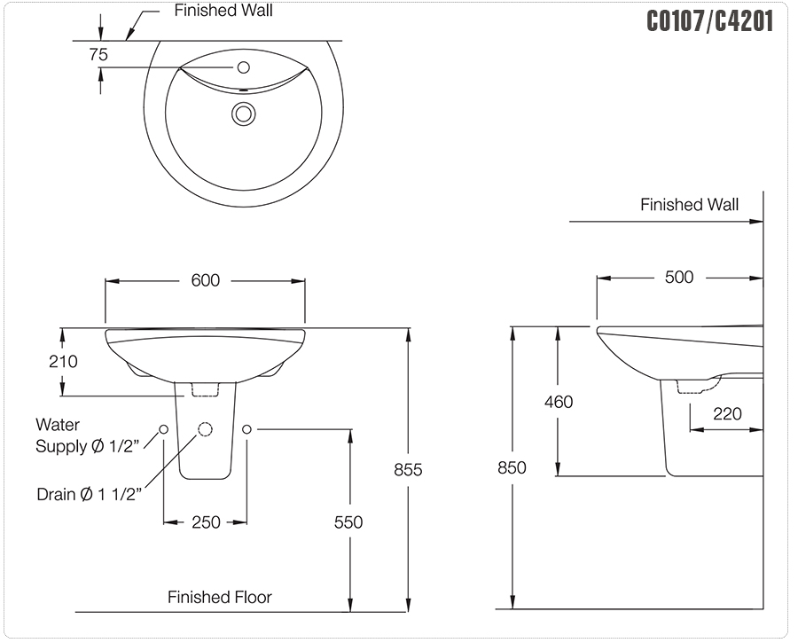 Bản vẽ kỹ thuật chậu rửa mặt lavabo COTTO treo tường chân lửng C0107/C4201 