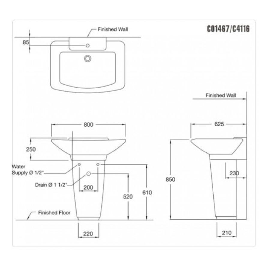 Chậu lavabo treo tường COTTO C01467/C4116 chân dài Hercules