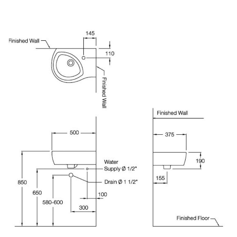 Chậu lavabo treo tường COTTO C02797 đặt góc Her