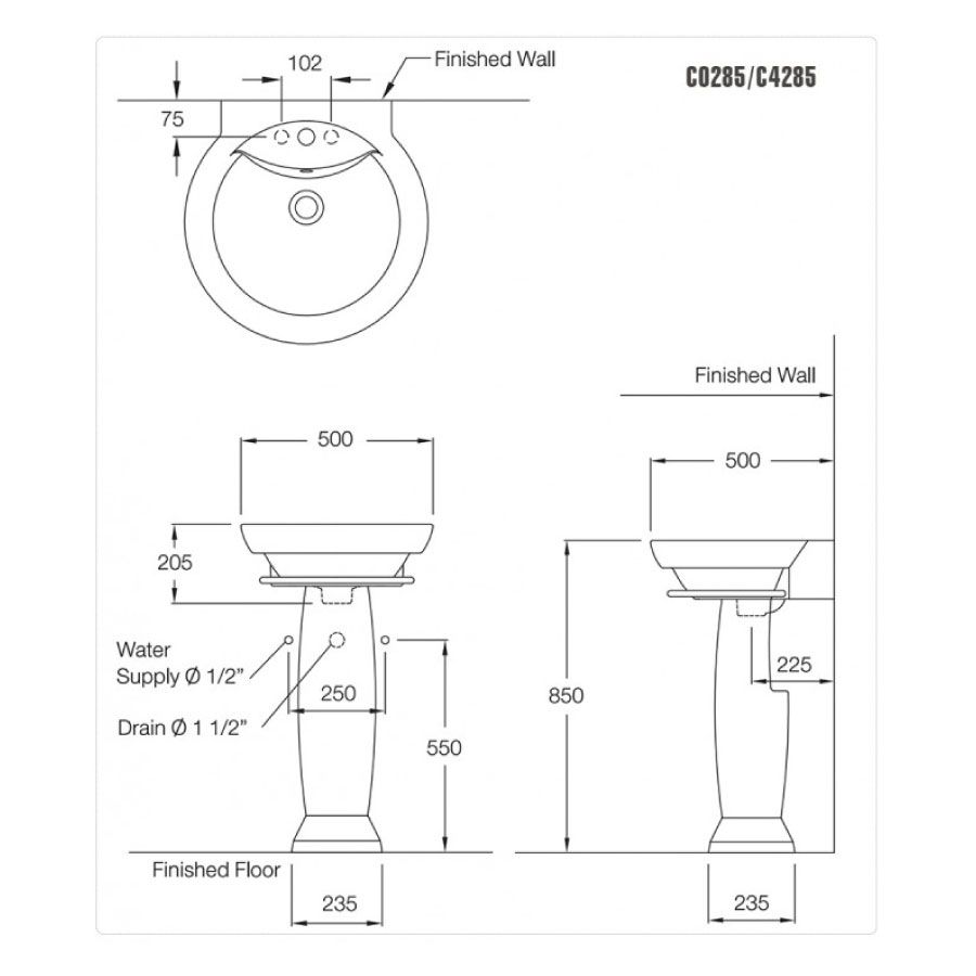 Chậu lavabo treo tường COTTO C0285/C4285 chân dài Alpha