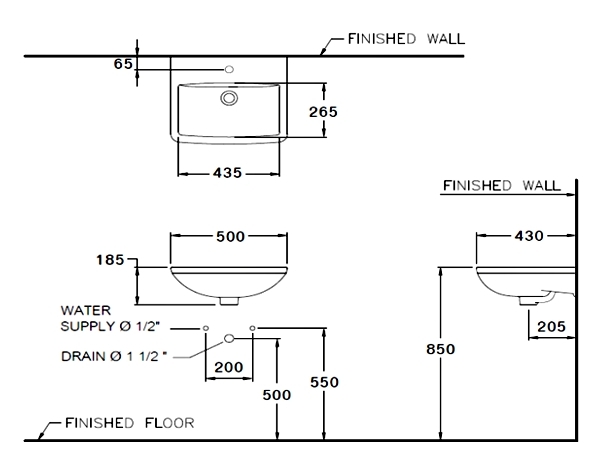 Bản vẽ kỹ thuật chậu rửa mặt lavabo COTTO treo tường C00581