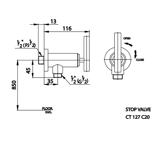 Bản vẽ kỹ thuật củ sen tắm lạnh CT127C20 COTTO