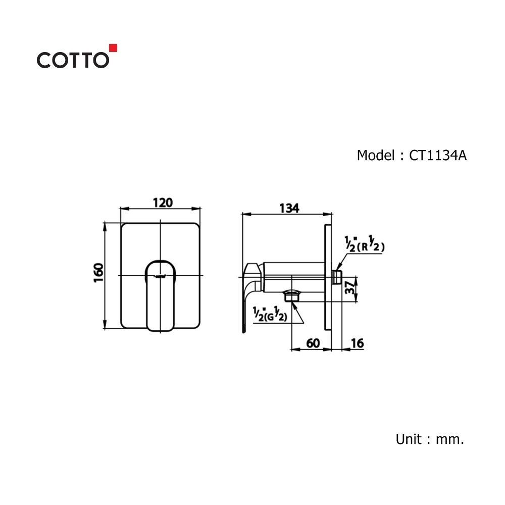 Bản vẽ kỹ thuật van điều chỉnh nhiệt độ sen tắm gắn tường COTTO CT1134A