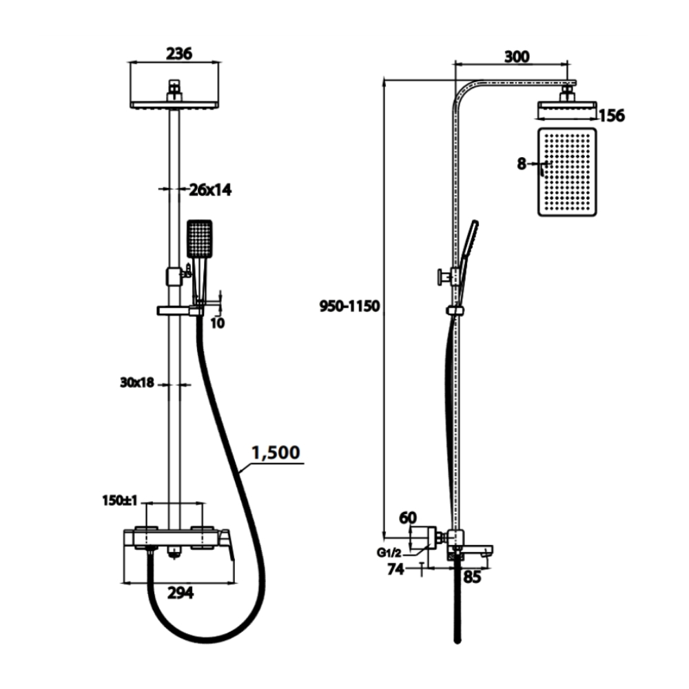 Bản vẽ kỹ thuật của bộ sen cây nóng lạnh bát vuông COTTO CT3005WOS