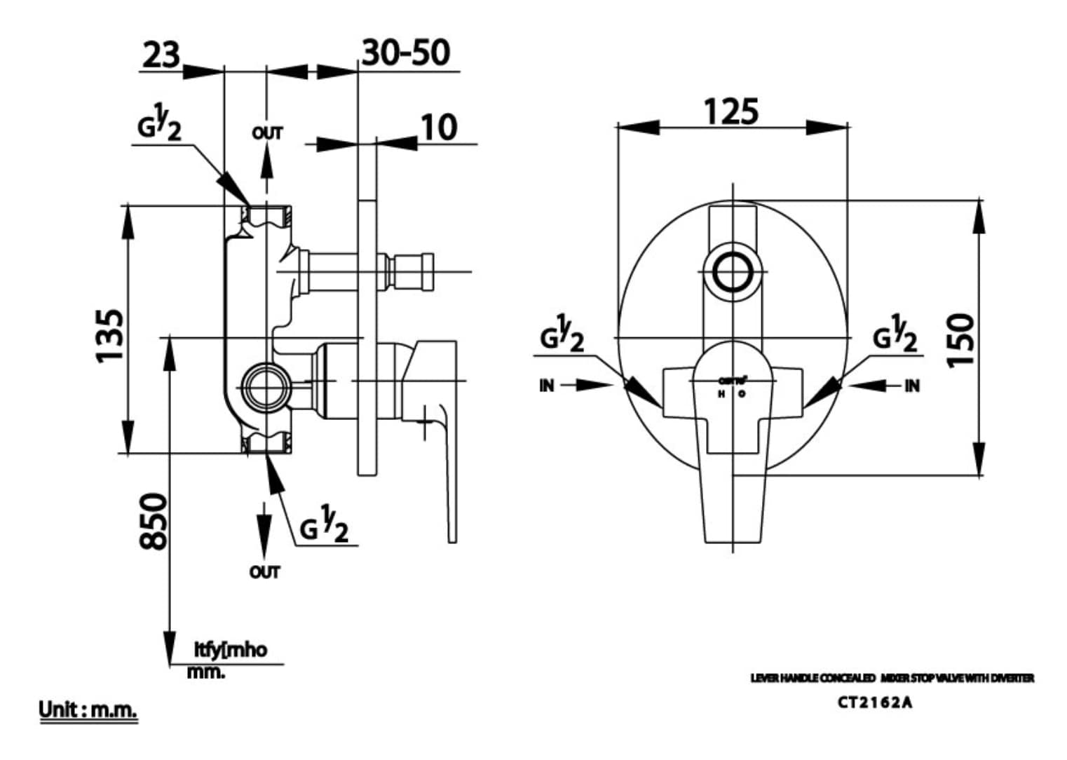 Bản vẽ kỹ thuật van điều chỉnh âm tường nóng lạnh COTTO CT2162A 2 đường nước