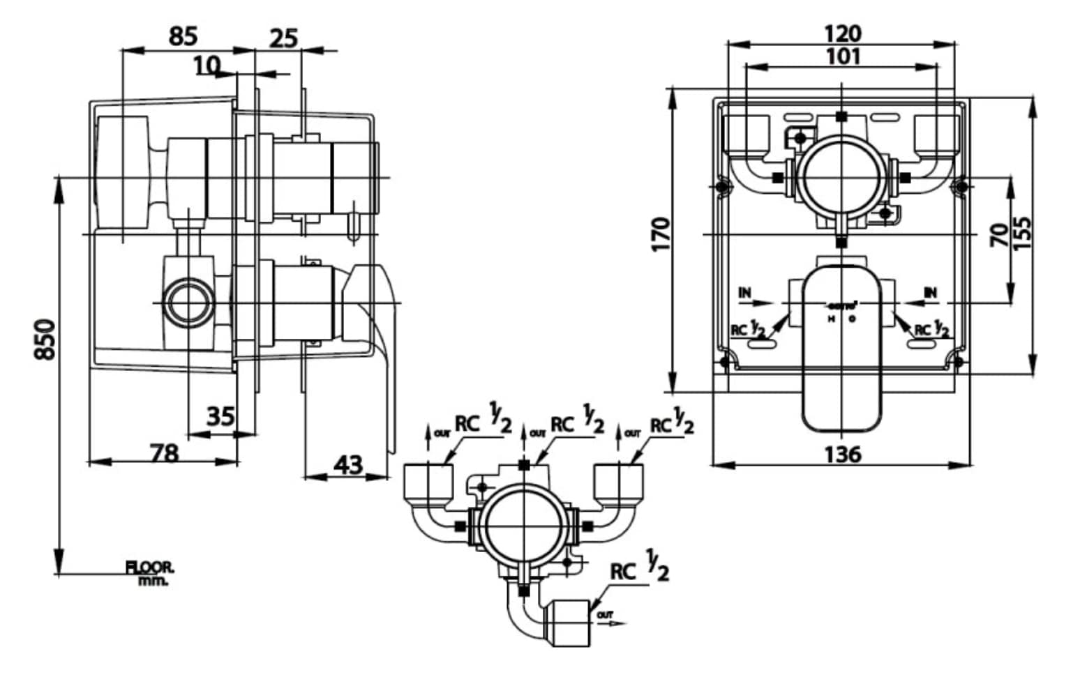 Van điều chỉnh âm tường COTTO CT2245A nhiệt độ nóng lạnh kèm van chuyển hướng 4 đường nước Scirocco