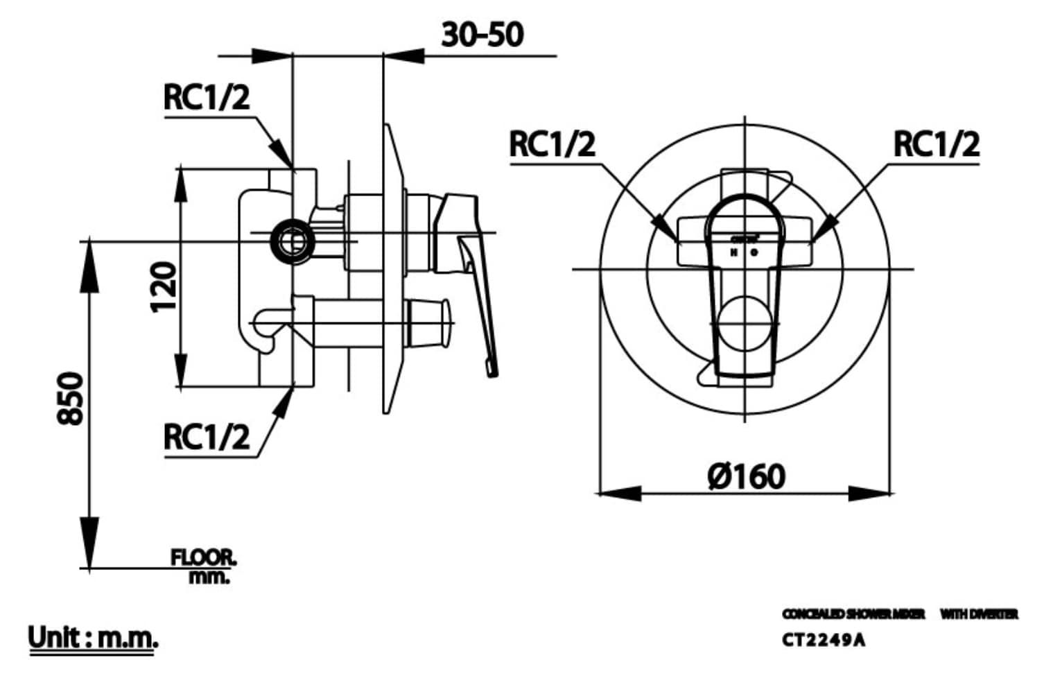 Bản vẽ kỹ thuật van điều chỉnh âm tường nóng lạnh COTTO CT2249AV 2 đường nước