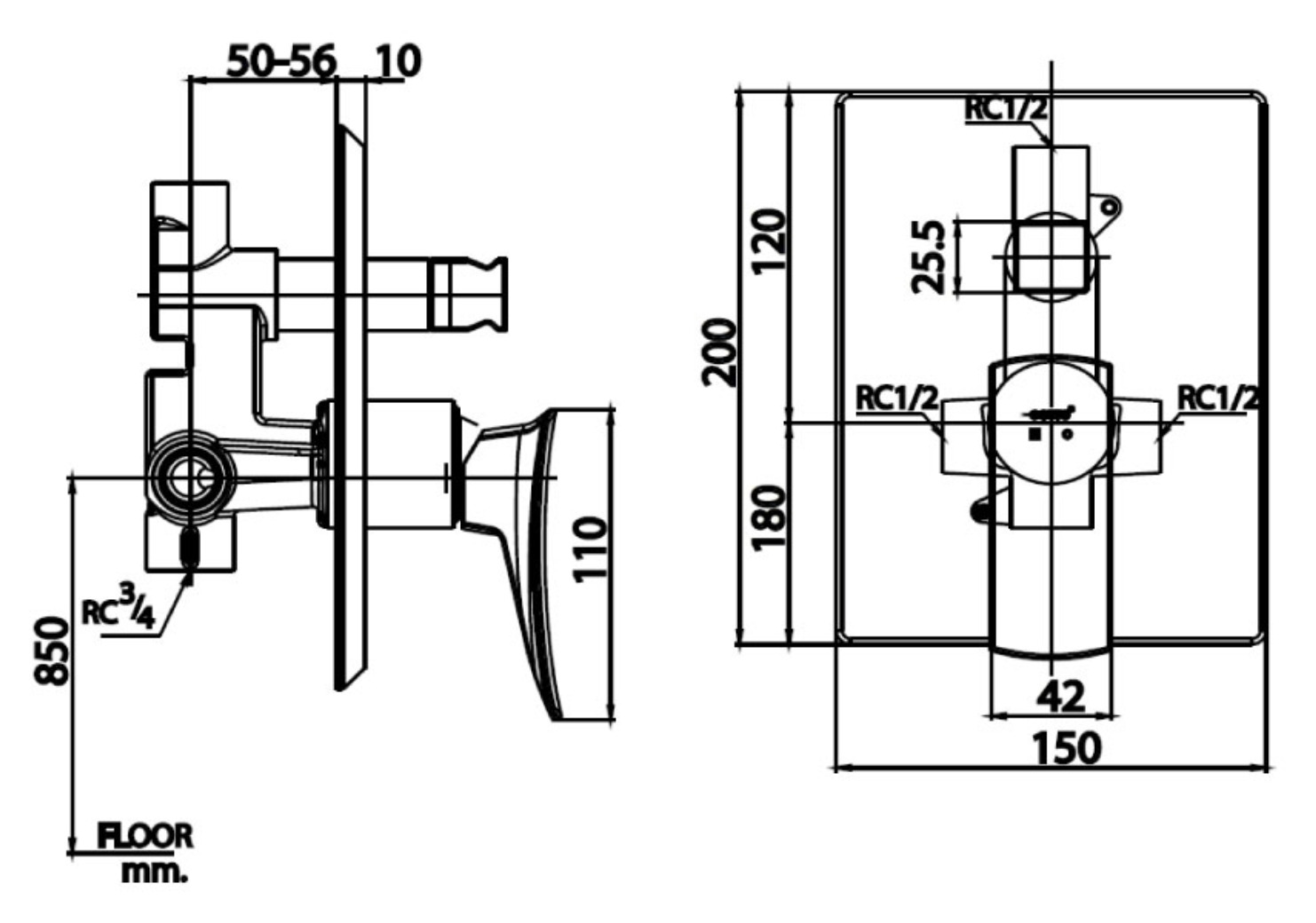 Bản vẽ kỹ thuật van điều chỉnh nóng lạnhâm tường COTTO CT2255A