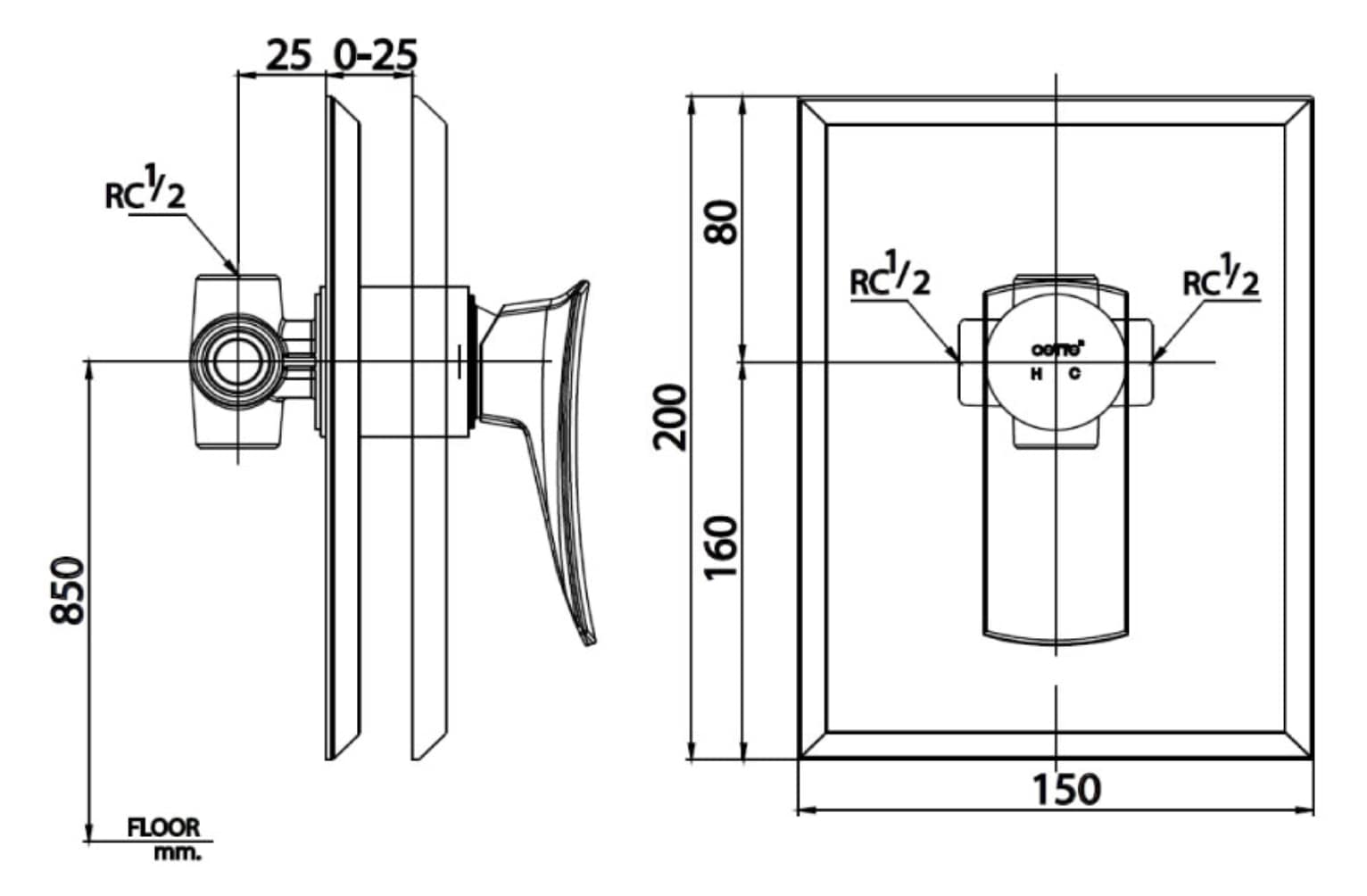 Bản vẽ kỹ thuật van điều chỉnh âm tường nóng lạnh COTTO CT2256A 1 đường nước