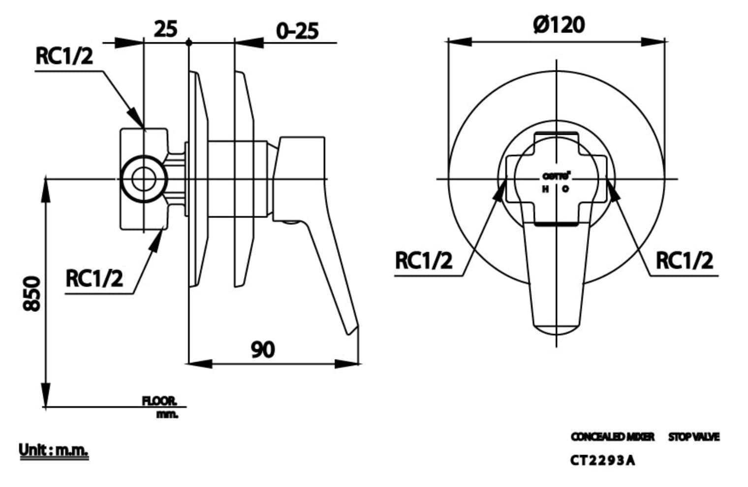 Bản vẽ kỹ thuật van điều chỉnh sen tắm âm tường nóng lạnh COTTO CT2293A 1 đường nước