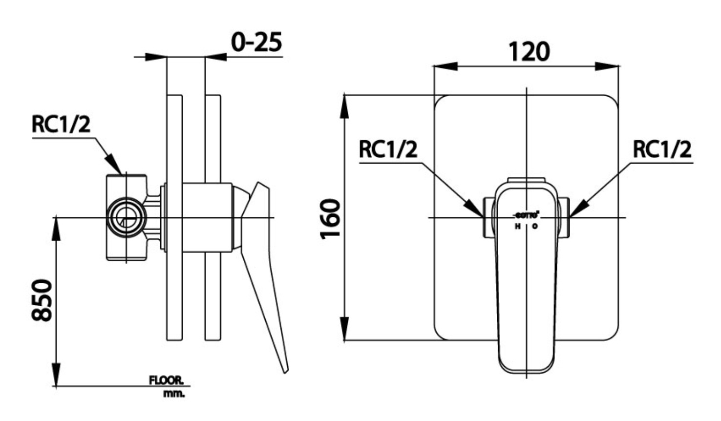 Bản vẽ kỹ thuật van điều chỉnh nóng lạnh sen tắm âm tường COTTO CT2303A