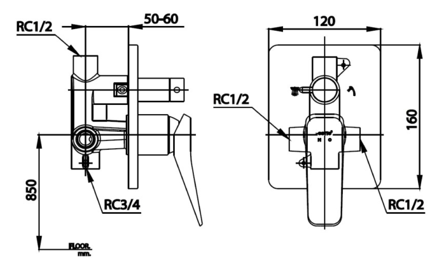 Bản vẽ kỹ thuật van điều chỉnh nóng lạnh sen tắm âm tường COTTO CT2304A