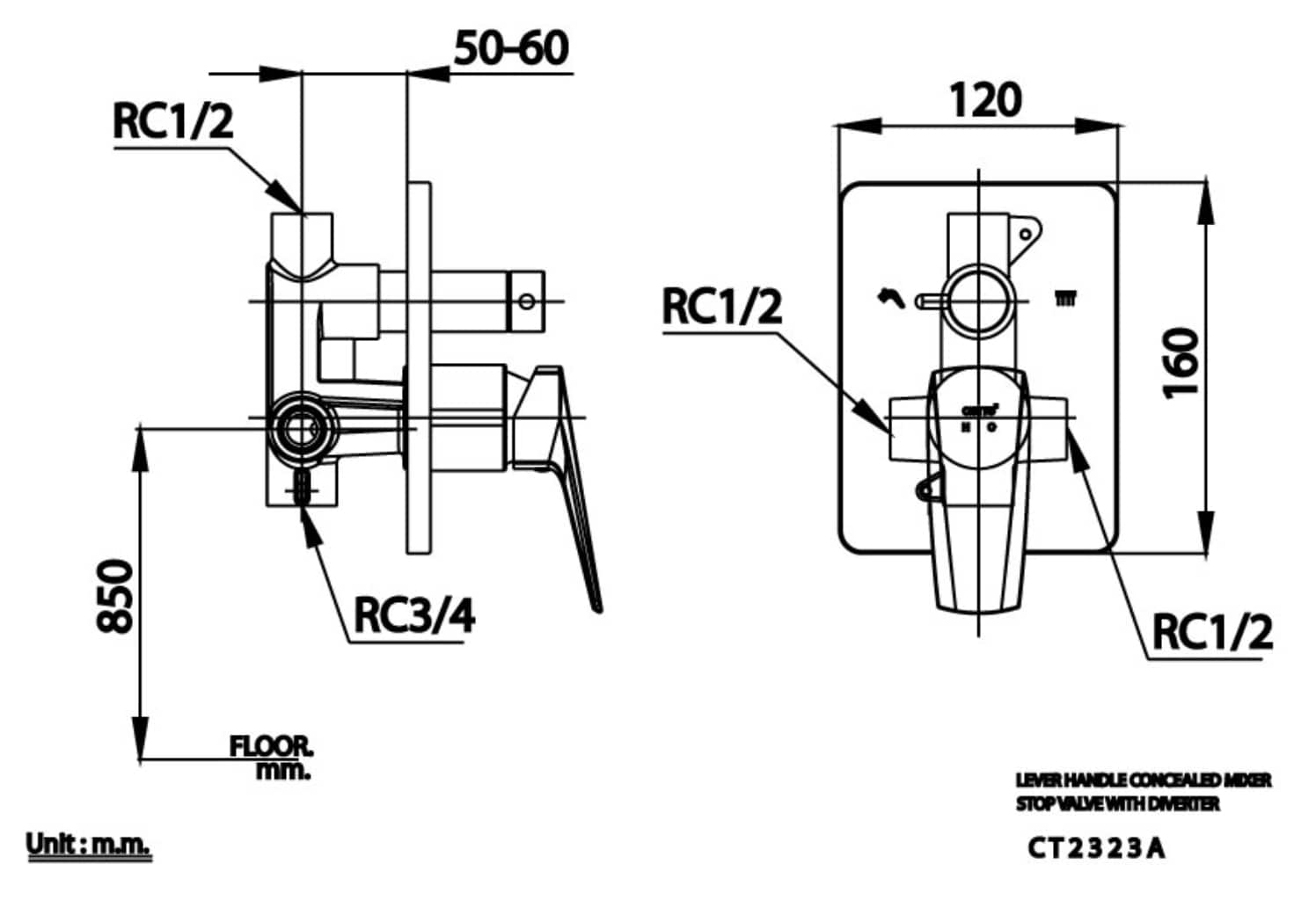 Bản vẽ kỹ thuật van điều chỉnh âm tường nóng lạnh COTTO CT2323A 2 đường nước