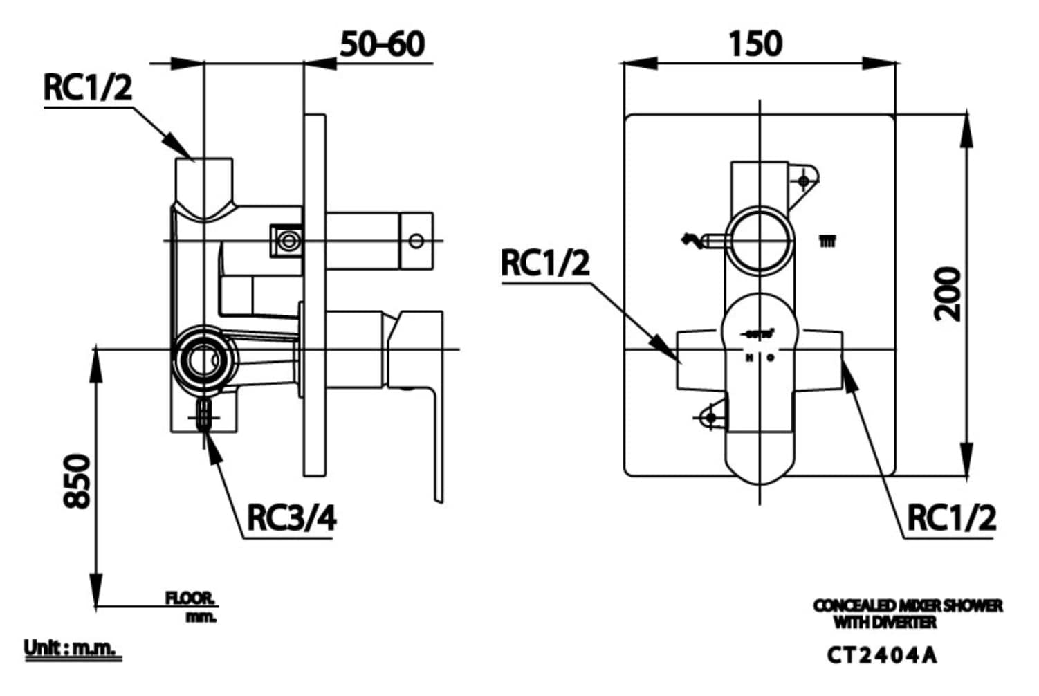 Bản vẽ kỹ thuật van điều chỉnh sen âm tường nóng lạnh COTTO CT2404A 2 đường nước