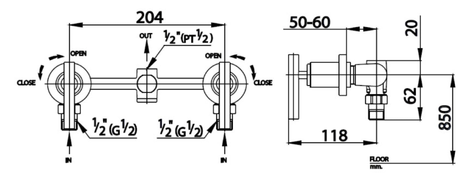 Bản vẽ kỹ thuật van điều chỉnh nóng lạnh gắn tường COTTO CT254C20